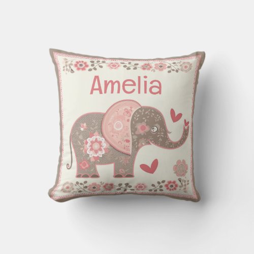Personalized Cute Baby Elephant Pink Floral  Throw Pillow