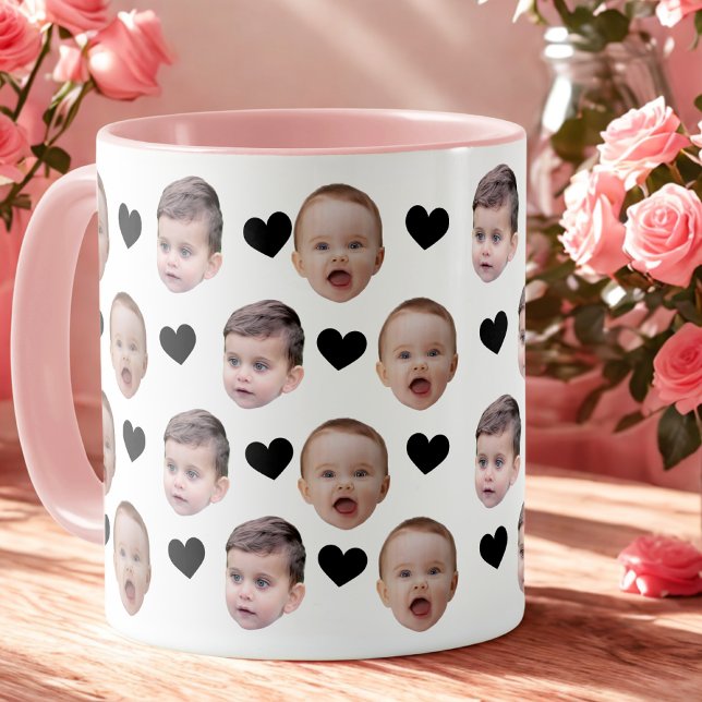 Personalized Cute Baby Face 2 Photos Black Heart Mug (Creator Uploaded)
