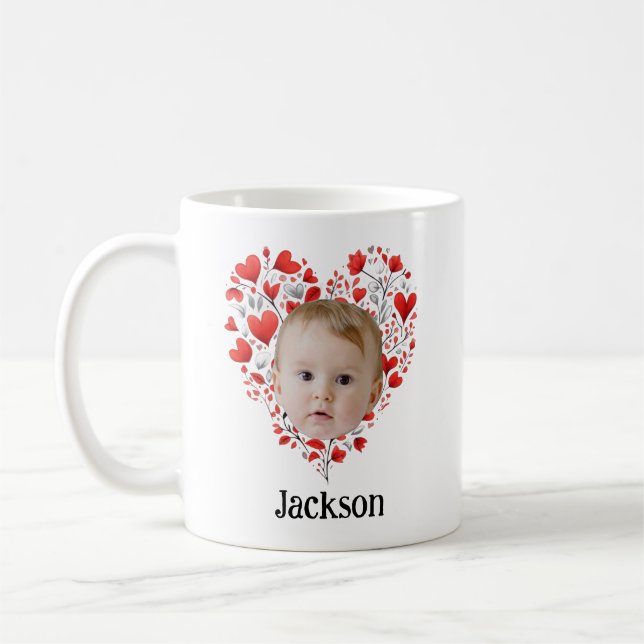 Personalized Cute Baby Face With Heart Pattern Coffee Mug (Left)