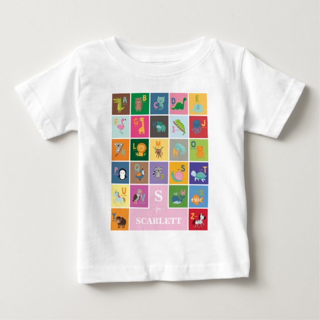 Personalized Cute Baby Girl Animal Alphabet Baby T-Shirt (Front)