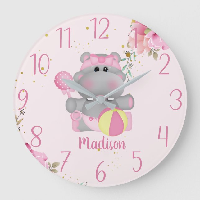 Personalized Cute Baby Hippo Floral Large Clock (Front)
