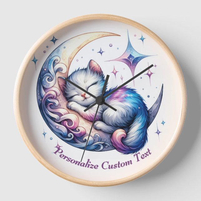 Personalized Cute Baby Kitten Cat Sleeping on Moon Clock (Front)