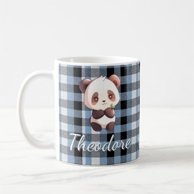 Personalized Cute Baby Panda Blue Plaid Coffee Mug (Left)