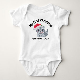 Personalized Cute Baby Raccoon My First Christmas Baby Bodysuit
