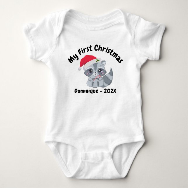Personalized Cute Baby Raccoon My First Christmas Bodysuit (Front)