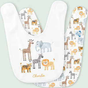 Personalized Cute Baby Safari Animal Watercolor Baby Bib