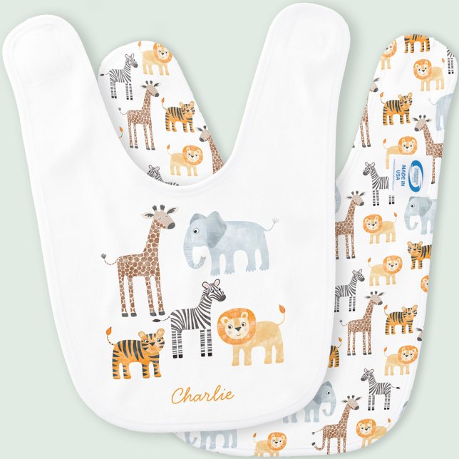 Personalized Cute Baby Safari Animal Watercolor Bib (Cute safari animal personalized custom name baby bib with lion, tiger, giraffe, zebra, elephant)