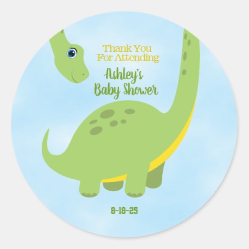 Personalized Cute Baby Shower Dino Thank You   Classic Round Sticker