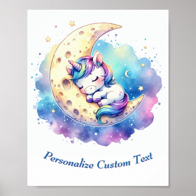 Personalized Cute Baby Unicorn Sleeping on Moon Poster (Front)
