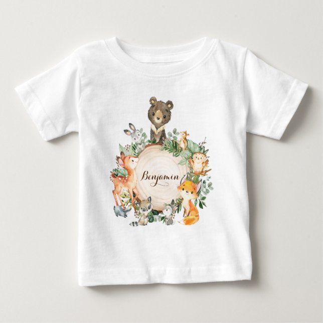 Personalized Cute Baby Woodland Forest Animals Baby T-Shirt (Front)