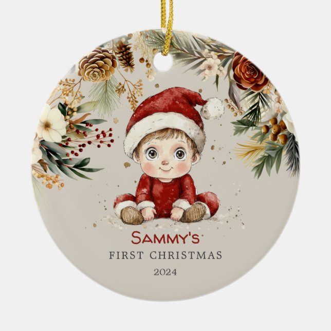 Personalized Cute Baby's First Christmas  Ceramic Ornament (Front)