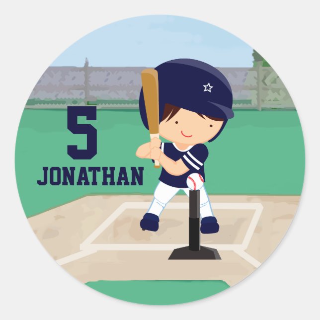 Personalized Cute Baseball cartoon player Classic Round Sticker (Front)