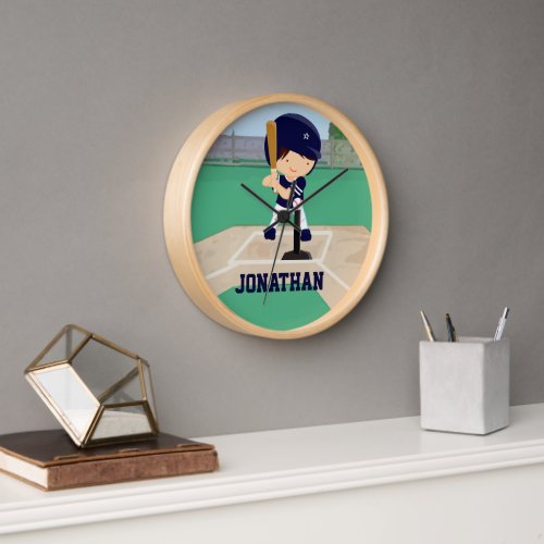 Personalized Cute Baseball Cartoon Player in Blue Clock