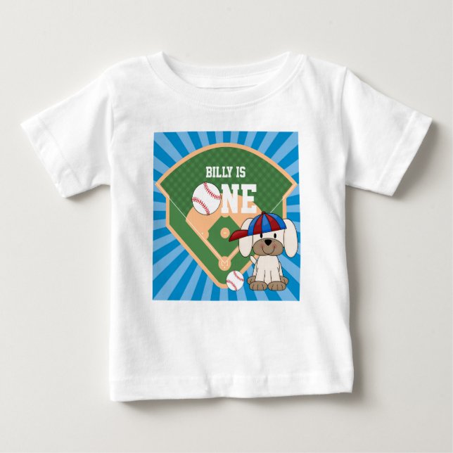Personalized Cute Baseball Puppy Dog 1st Birthday Baby T-Shirt (Front)