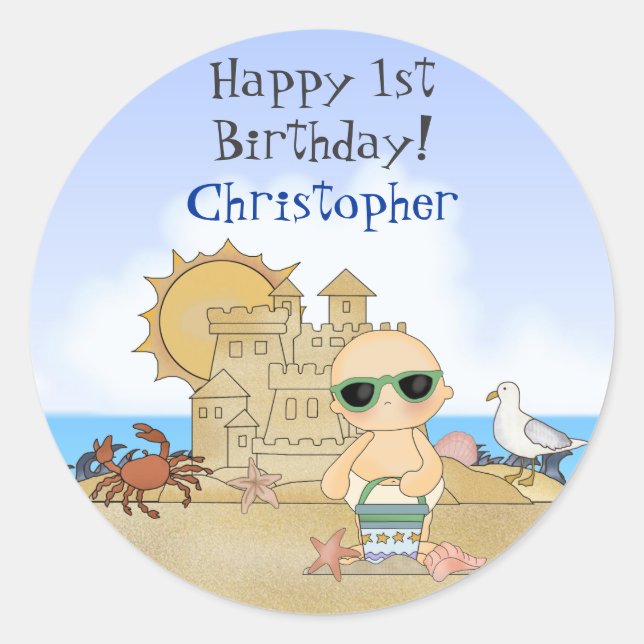 Personalized Cute Beach Baby Boy's 1st Birthday Classic Round Sticker (Front)