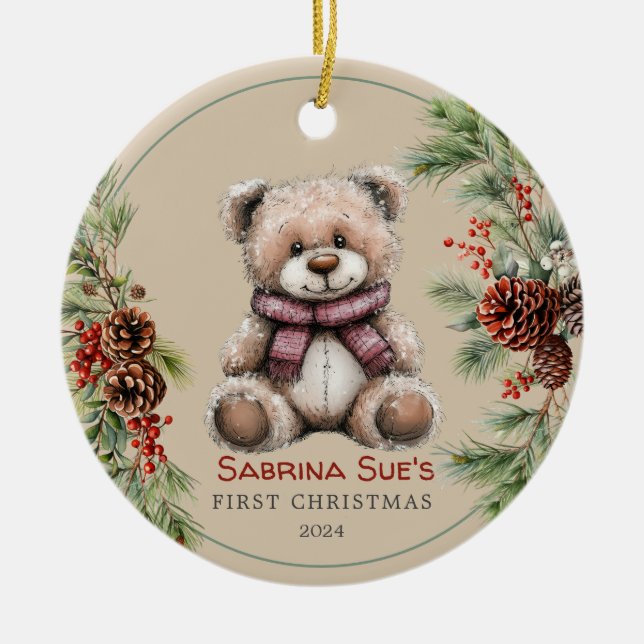 Personalized Cute Bear Baby's First Christmas Ceramic Ornament (Front)