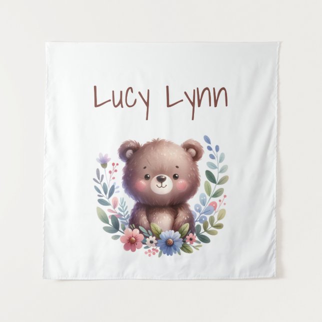 Personalized Cute Bear Cub Nursery Wall Art Tapestry (Front)