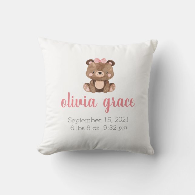 Personalized Cute Bear Girl Birth Stats Throw Pillow (Front)