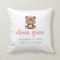 Personalized Cute Bear Girl Birth Stats Throw Pillow