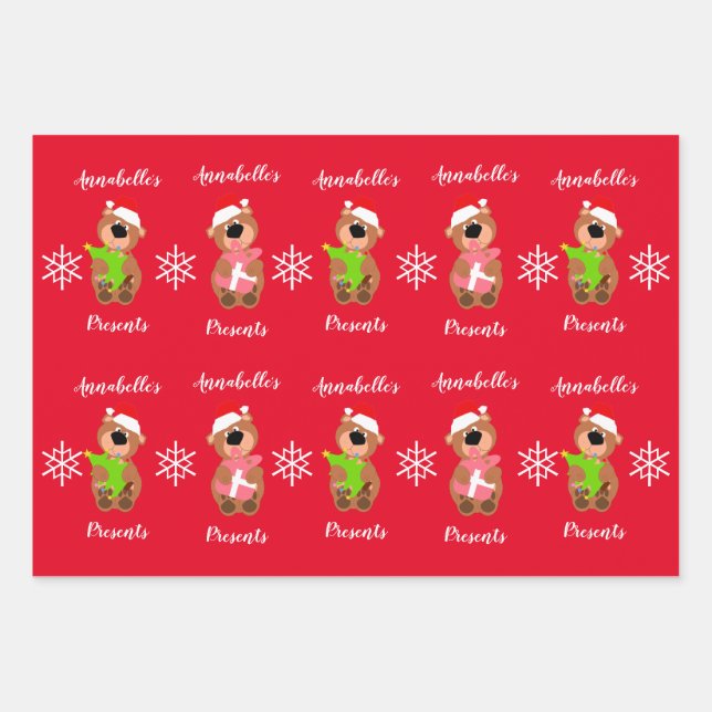 Personalized Cute Bear Happy Christmas  Wrapping P Wrapping Paper Sheets (Front)