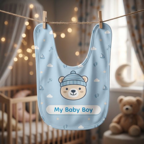 Personalized Cute Bear Hat Sailboats Clouds Baby Bib