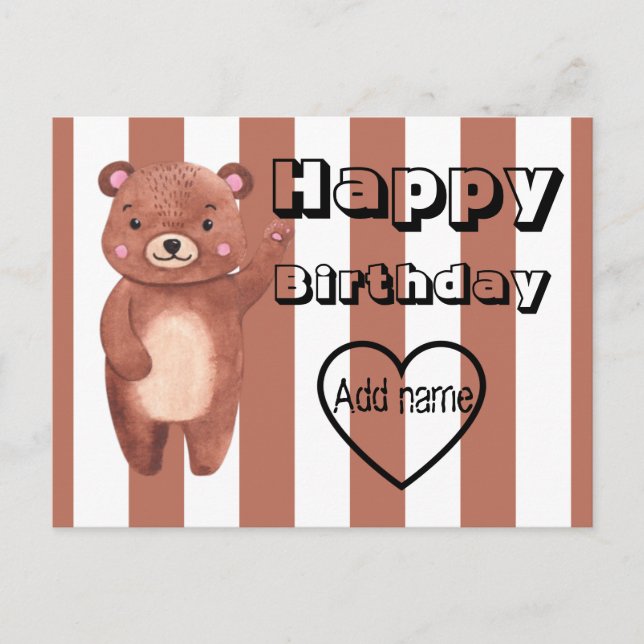 Personalized cute bear stripes birthday postcard (Front)