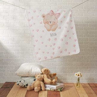 Personalized Cute Bear with pink Hearts Baby Blanket