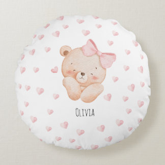 Personalized Cute Bear with pink Hearts Round Pillow