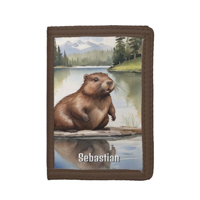 Personalized Cute Beaver Kids Trifold Wallet (Front Vertical)