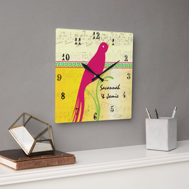 Personalized Cute Bird Yellow Pink and Green Square Wall Clock (Office)