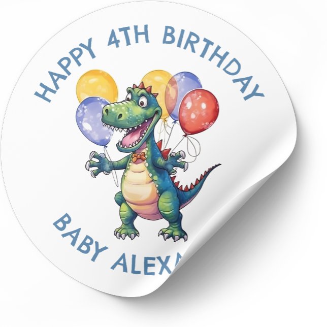 Personalized Cute Birthday Dinosaur Balloons Classic Round Sticker (Creator Uploaded)