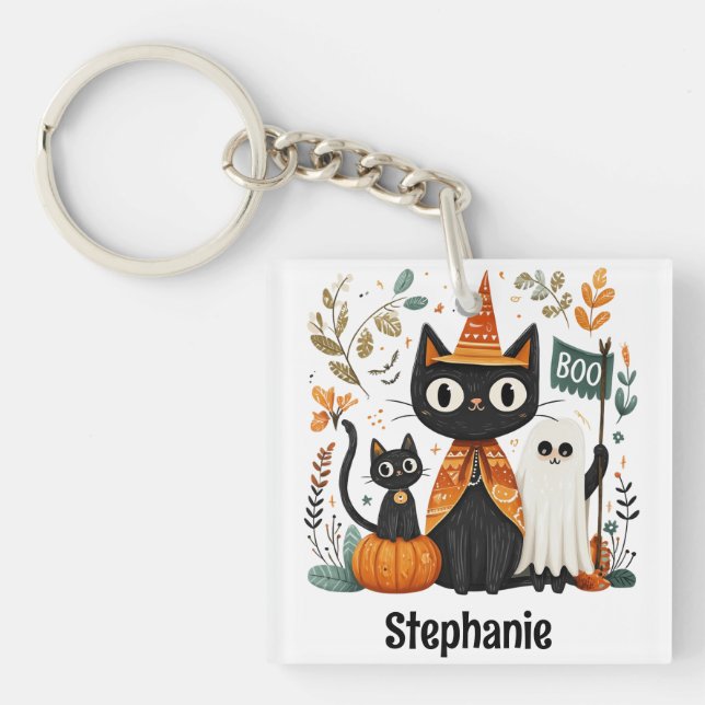 Personalized Cute Black Cat & Ghost Halloween Keychain (Front)