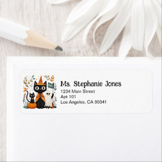 Personalized Cute Black Cat & Ghost Halloween Label