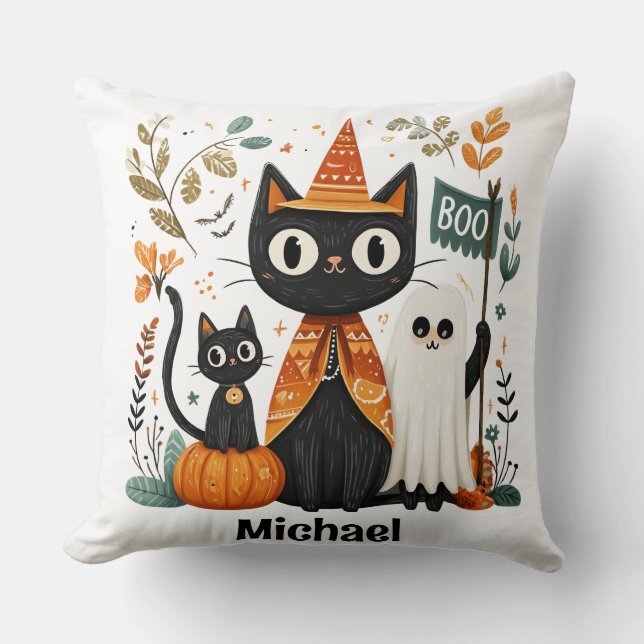 Personalized Cute Black Cat & Ghost Halloween Throw Pillow (Front)