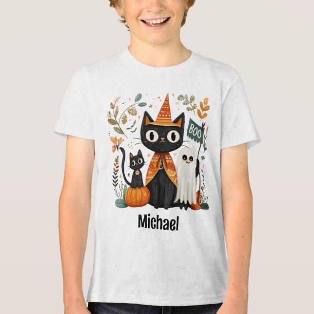Personalized Cute Black Cat & Ghost Halloween Tri-Blend Shirt (Front)