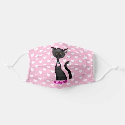 Personalized Cute Black Cat  Pink w White Hearts Adult Cloth Face Mask