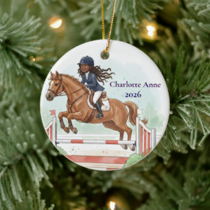 Personalized Cute Black Girl Horse Show Jumping Ceramic Ornament