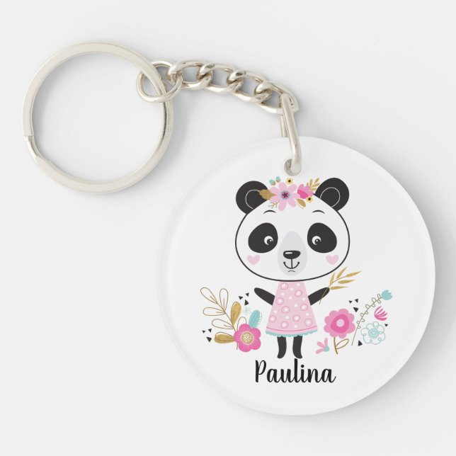 Personalized Cute Black White floral Panda Bear Keychain (Front)