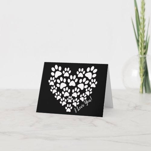 Personalized Cute Black White Paw Print Heart Card