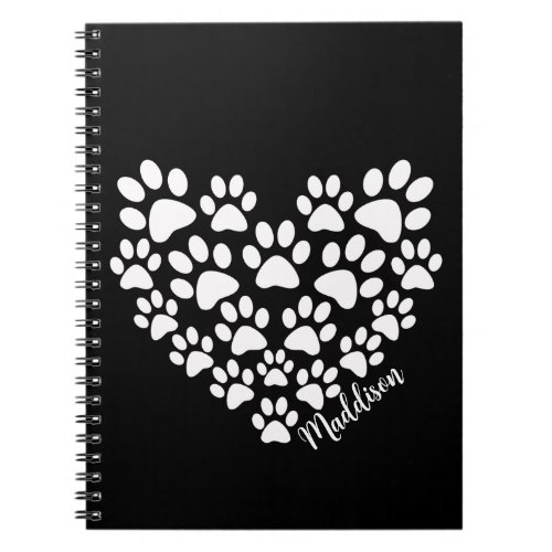Personalized Cute Black White Paw Print Heart Notebook