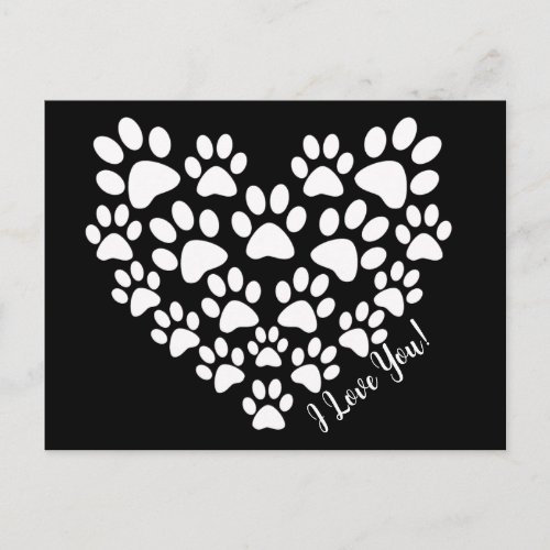 Personalized Cute Black White Paw Print Heart Postcard