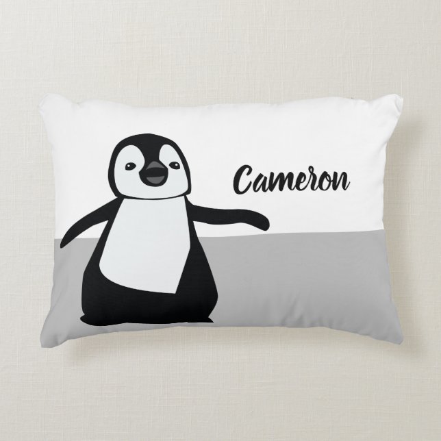 Personalized Cute Black white Penguin Illustration Accent Pillow (Front)