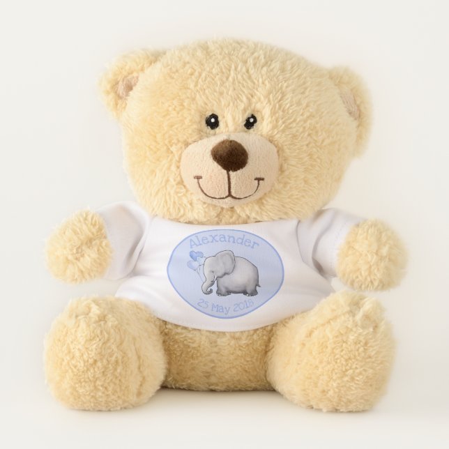 Personalized Cute Blue Baby Elephants Boy Nursery Teddy Bear (Front)