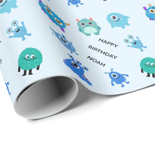 Personalized Cute Blue Boy Monster Birthday Wrapping Paper (Roll Corner)