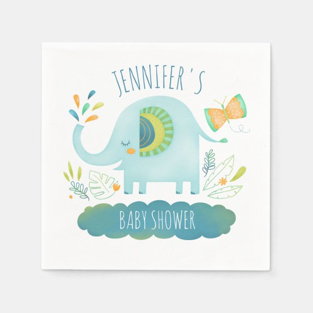 Personalized Cute Blue Elephant Baby Shower Napkins (Front)
