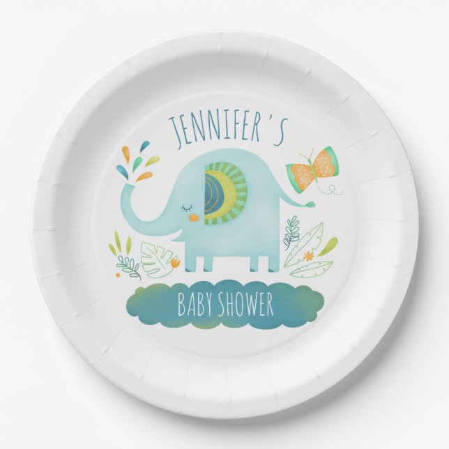 Personalized Cute Blue Elephant Baby Shower Paper Plates (Front)