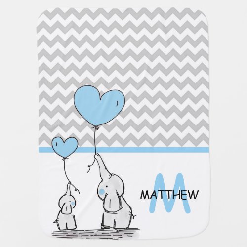 Personalized Cute Blue Elephant Chevron Grey BOY Baby Blanket