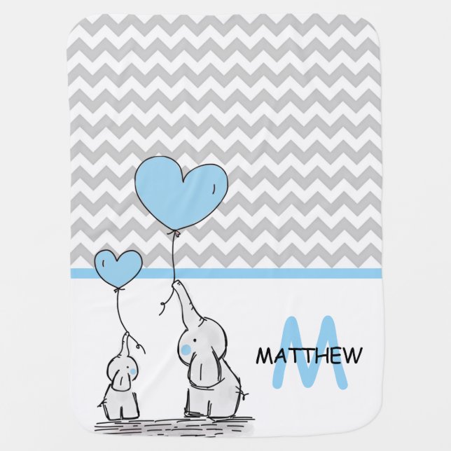 Personalized Cute Blue Elephant Chevron Grey BOY Baby Blanket (Front)