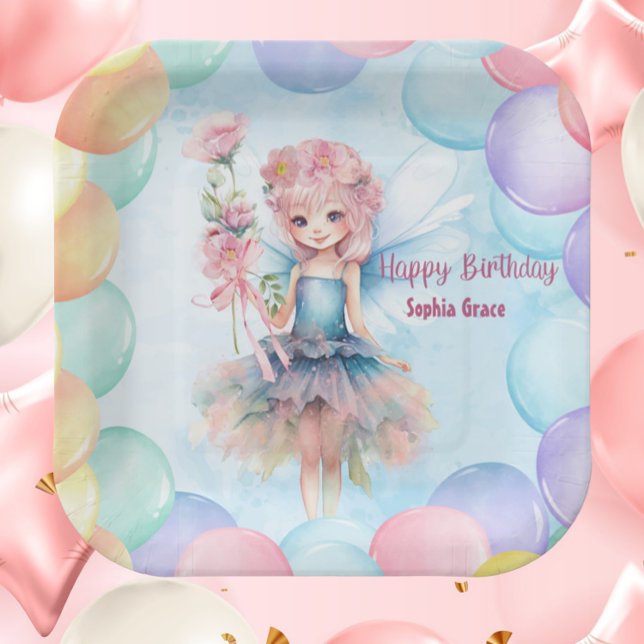 Personalized Cute Blue Fairy Birthday Paper Plates (Personalized Blue Fairy Birthday Paper Plates – Custom Name Party Decor with Balloons

)