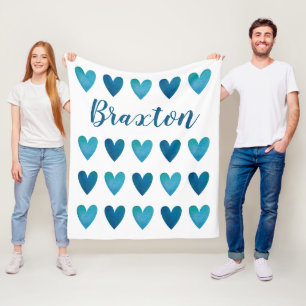 Personalized Cute Blue Hearts Valentines Day  Fleece Blanket